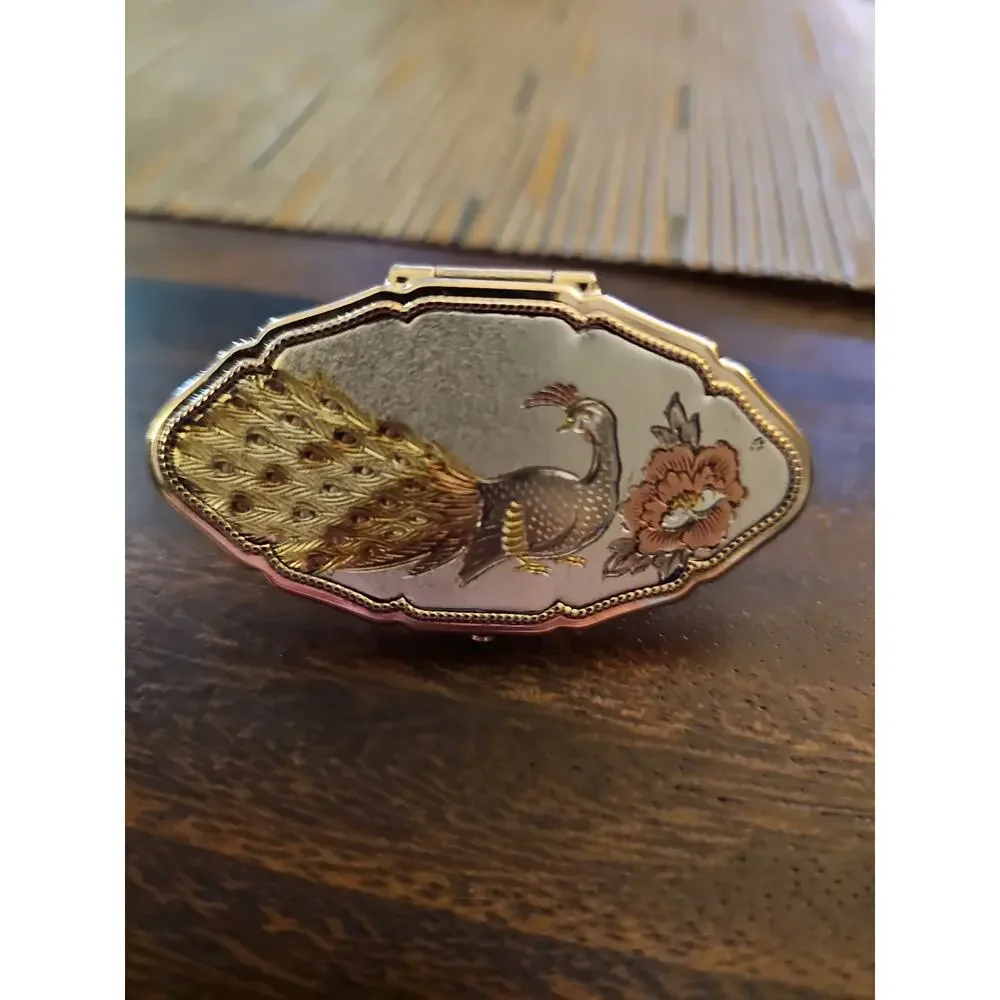 Vintage peacock enamel lipstick holder (metal compact case) Good...